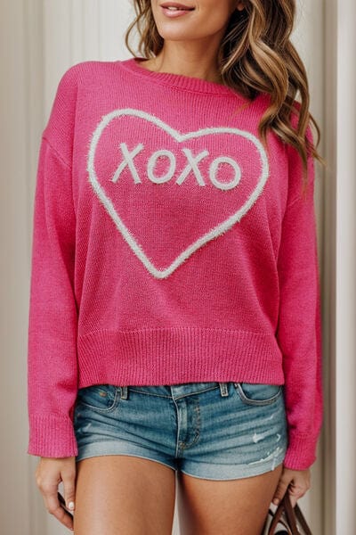 Trendsi Hot Pink / S XOXO Heart Round Neck Dropped Shoulder Sweater 100100076671287 Apparel &amp; Accessories &gt; Clothing &gt; Shirt &amp; Tops