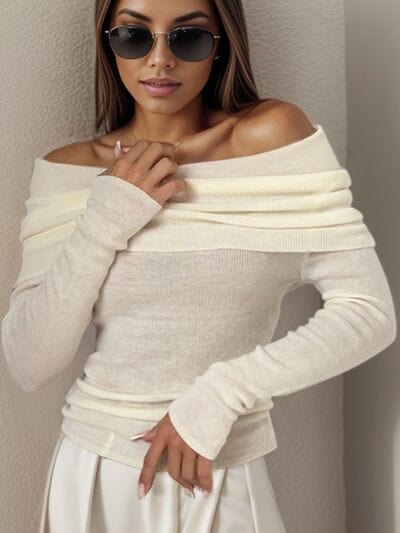 Trendsi Ivory / S Off-Shoulder Long Sleeve Sweater 100100134524402 Apparel &amp; Accessories &gt; Clothing &gt; Shirt &amp; Tops