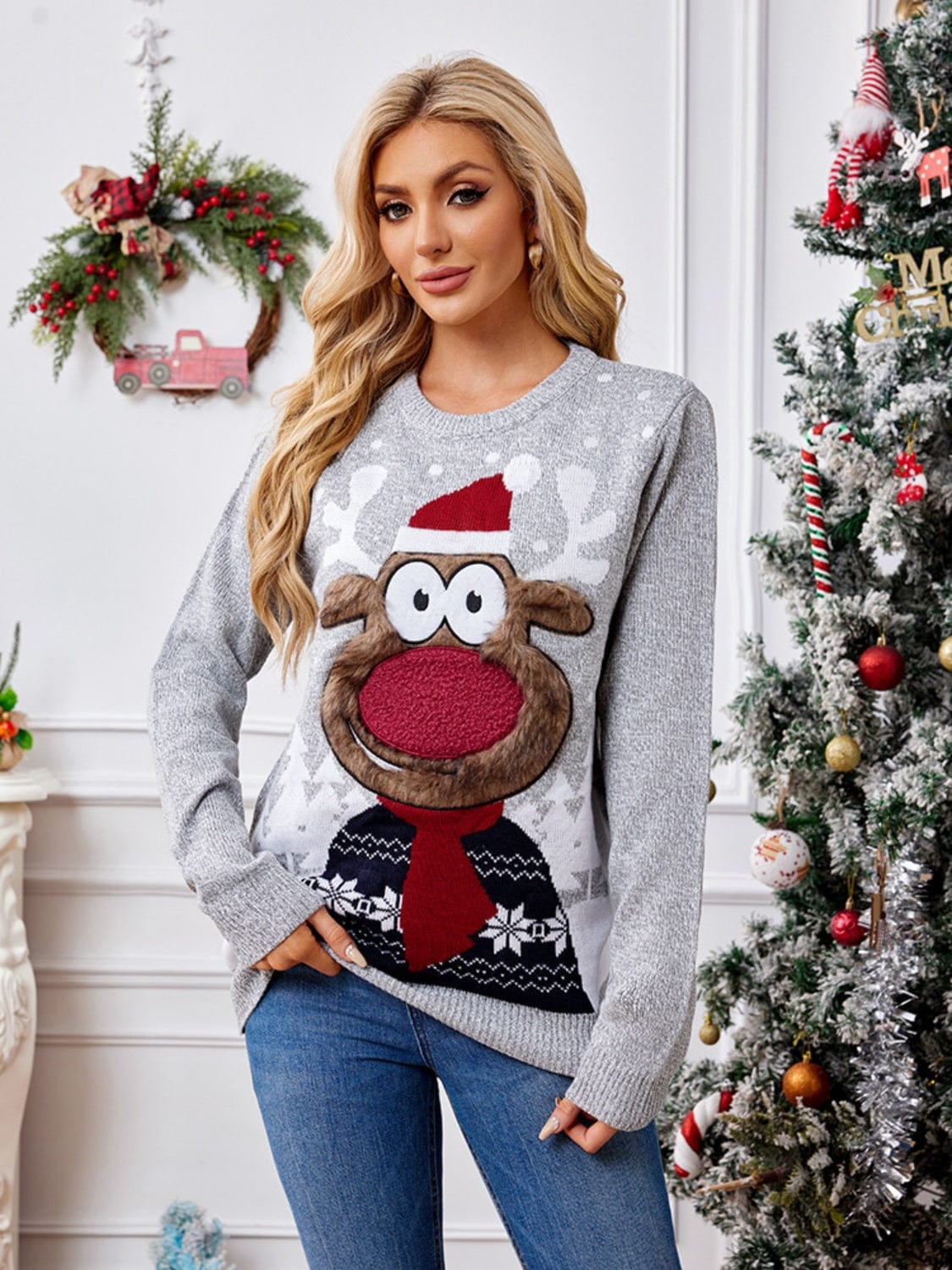 Trendsi Light Gray / S Grey Rudolph Reindeer Round Neck Long Sleeve Women's Christmas Sweater 100100177817326 Grey Rudolph Reindeer Round Neck Women's Christmas Sweater Apparel & Accessories > Clothing > Shirt & Tops