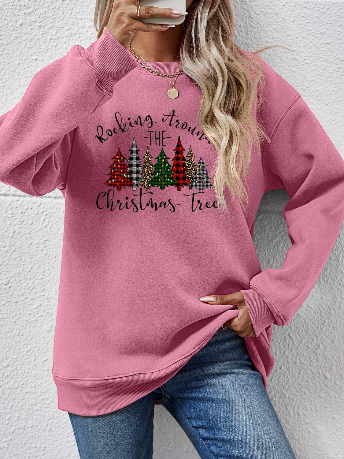 Trendsi Moonlit Mauve / S Orange w/ Christmas Tree Graphic Round Neck Women&#39;s Sweatshirt 100101074012790 Orange w/ Christmas Tree Graphic Round Neck Women&#39;s Sweatshirt Apparel &amp; Accessories &gt; Clothing &gt; Shirt &amp; Tops