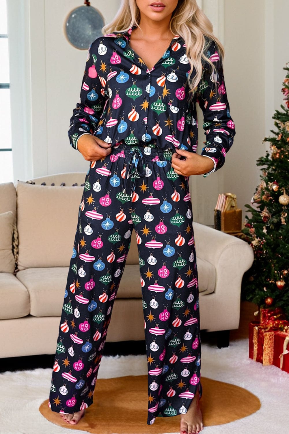 Trendsi Navy Blue Christmas Lights Print Collared Neck Top and Pants Women&#39;s Pajama Set Navy Blue Christmas Lights Print Top and Pants Women&#39;s Pajama Set Apparel &amp; Accessories &gt; Clothing &gt; Shirt &amp; Tops