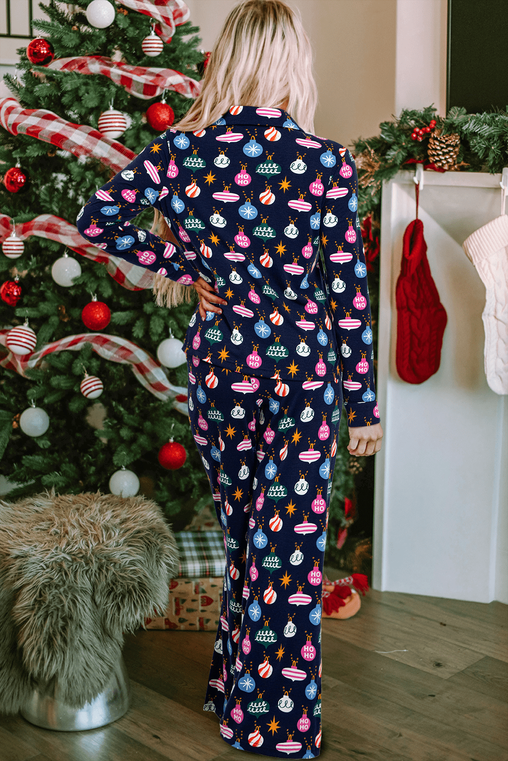 Trendsi Navy Blue Christmas Lights Print Collared Neck Top and Pants Women&#39;s Pajama Set Navy Blue Christmas Lights Print Top and Pants Women&#39;s Pajama Set Apparel &amp; Accessories &gt; Clothing &gt; Shirt &amp; Tops