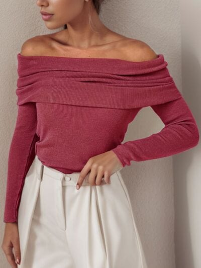 Trendsi Wine / S Off-Shoulder Long Sleeve Sweater 100100134521057 Apparel & Accessories > Clothing > Shirt & Tops