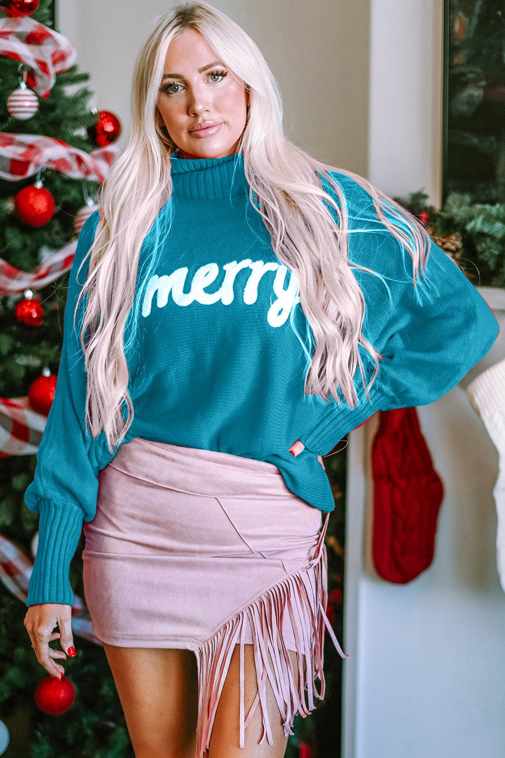 Trendsi Pastel  Blue / S/M Dark Green &quot;Merry&quot; Christmas Holiday Turtleneck Long Sleeve Women&#39;s Sweater 100100178474432 Dark Green &quot;Merry&quot; Christmas Holiday Turtleneck Women&#39;s Sweater Apparel &amp; Accessories &gt; Clothing &gt; Shirt &amp; Tops