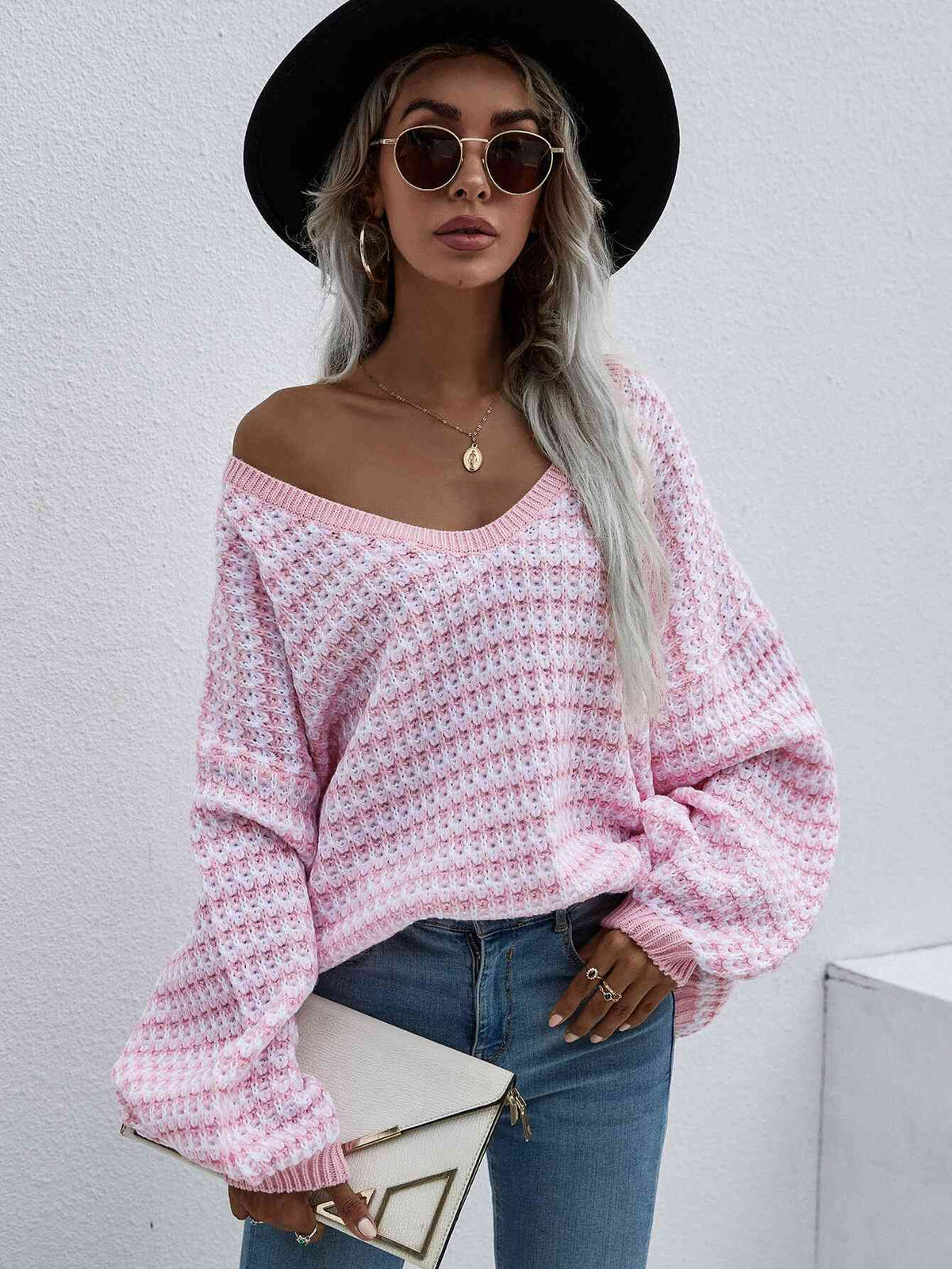Trendsi Pink / S Striped Drop Shoulder V-Neck Pullover Sweater 100100643651114 Apparel &amp; Accessories &gt; Clothing &gt; Shirt &amp; Tops