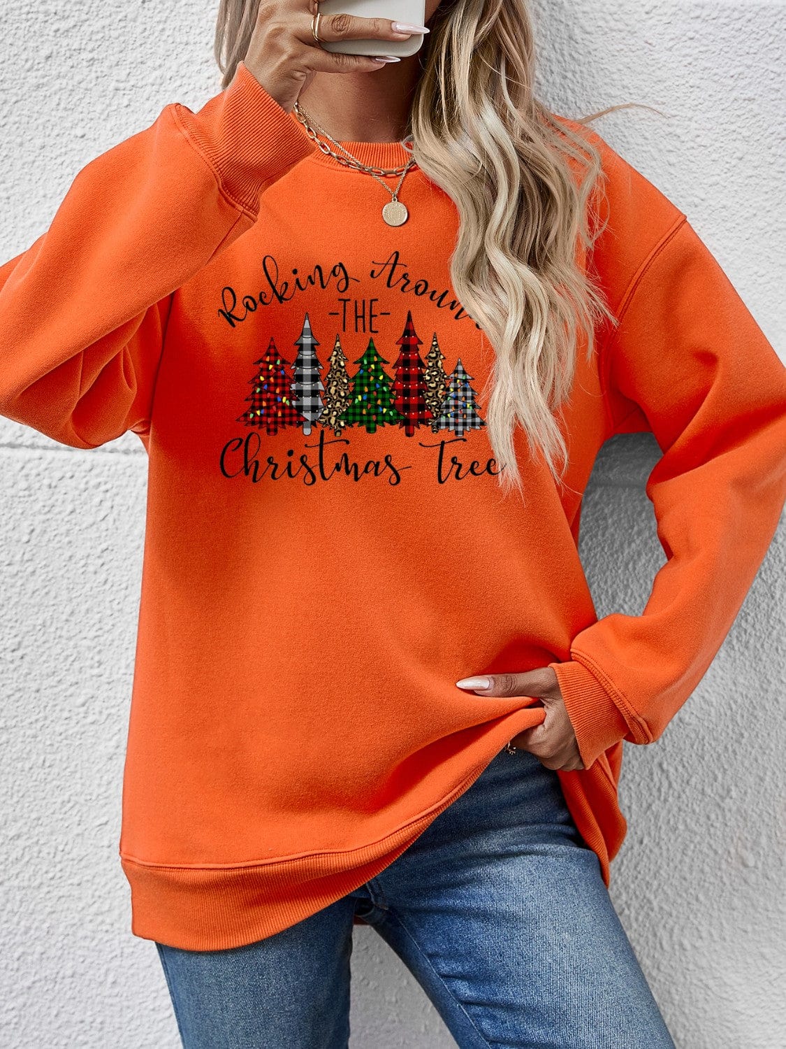 Trendsi Pumpkin / S Orange w/ Christmas Tree Graphic Round Neck Women&#39;s Sweatshirt 100101074018215 Orange w/ Christmas Tree Graphic Round Neck Women&#39;s Sweatshirt Apparel &amp; Accessories &gt; Clothing &gt; Shirt &amp; Tops