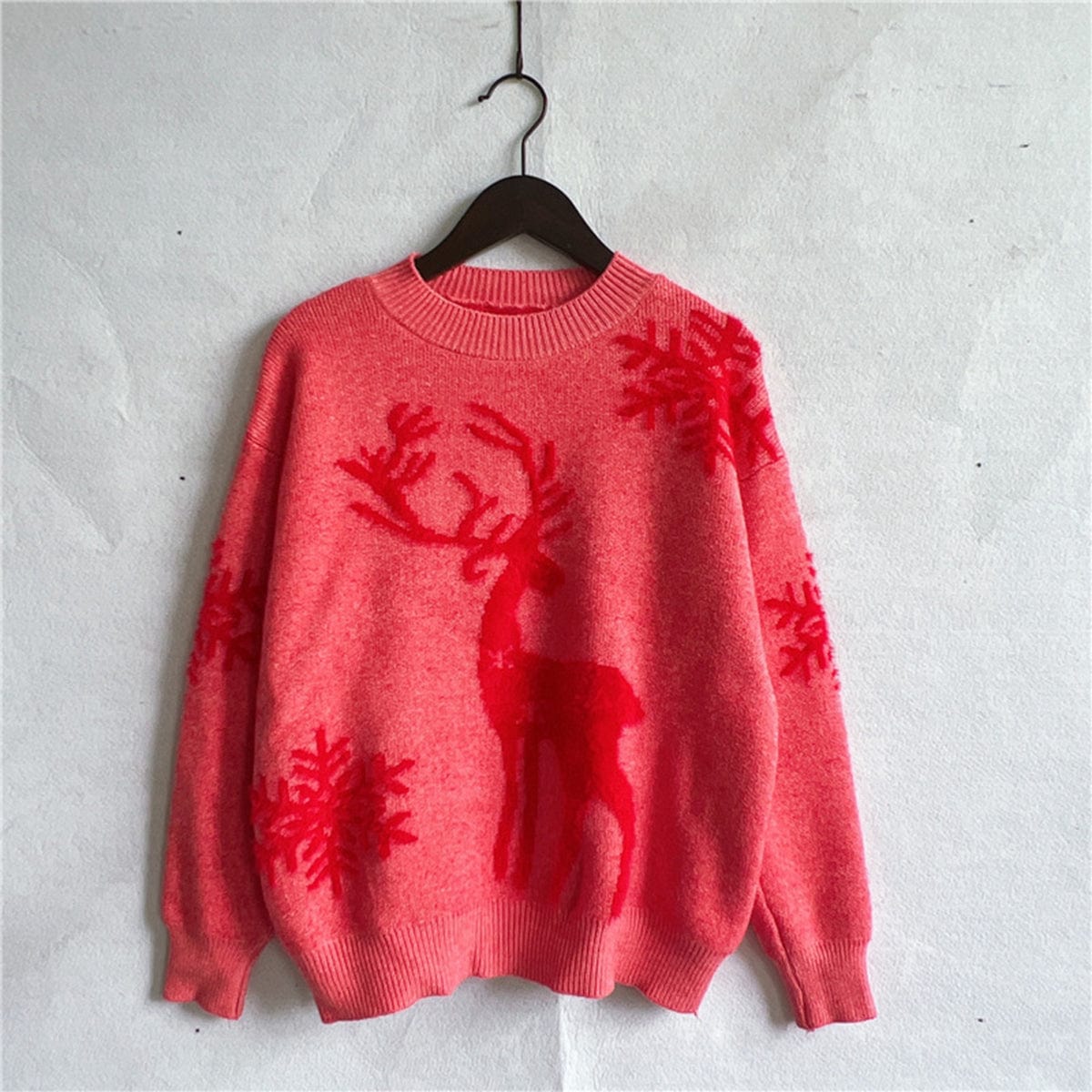 Trendsi Red / S Blush Pink Reindeer and Snowflake Pattern Women&#39;s Christmas Holiday Sweater 100100002887167 Blush Pink Reindeer &amp; Snowflake Women&#39;s Christmas Holiday Sweater Apparel &amp; Accessories &gt; Clothing &gt; Shirt &amp; Tops