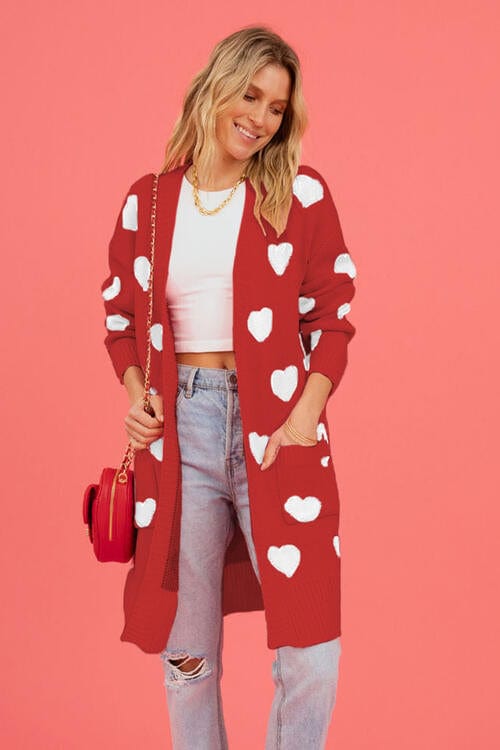 Trendsi Red / S Heart Graphic Open Front Cardigan with Pockets 100100816963733 Apparel &amp; Accessories &gt; Clothing &gt; Shirt &amp; Tops