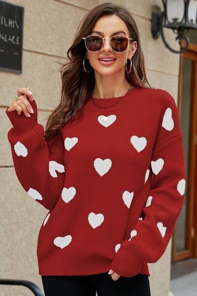 Trendsi Red / S Woven Right Heart Pattern Lantern Sleeve Round Neck Tunic Sweater 100100388262390 Apparel &amp; Accessories &gt; Clothing &gt; Shirt &amp; Tops