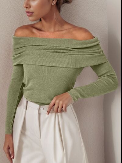 Trendsi Sage / S Off-Shoulder Long Sleeve Sweater 100100134527316 Apparel &amp; Accessories &gt; Clothing &gt; Shirt &amp; Tops