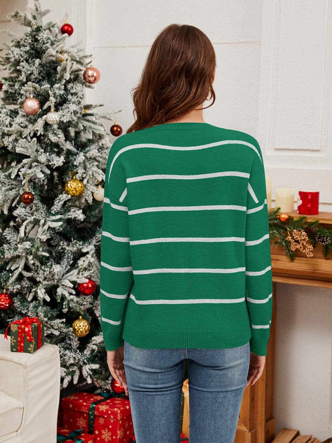 Trendsi Sequin Santa Striped Round Neck Long Sleeve Green Women&#39;s Sweater Sequin Santa Striped Round Neck Long Sleeve Green Women&#39;s Sweater Apparel &amp; Accessories &gt; Clothing &gt; Shirt &amp; Tops