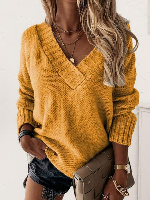 Trendsi Sherbet / S V-Neck Long Sleeve Knit Top 100100287479903 Apparel &amp; Accessories &gt; Clothing &gt; Shirt &amp; Tops