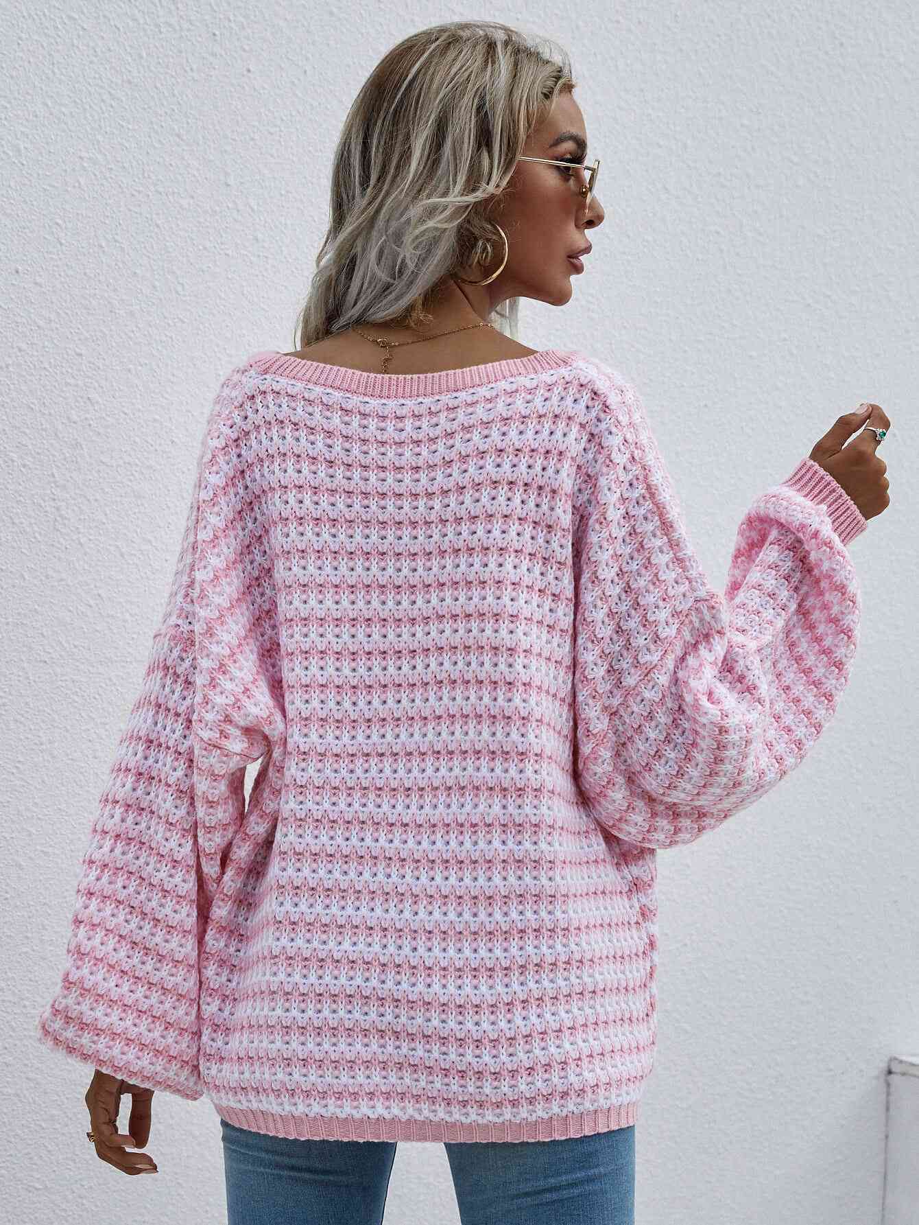 Trendsi Pink / S Striped Drop Shoulder V-Neck Pullover Sweater 100100643651114 Apparel & Accessories > Clothing > Shirt & Tops