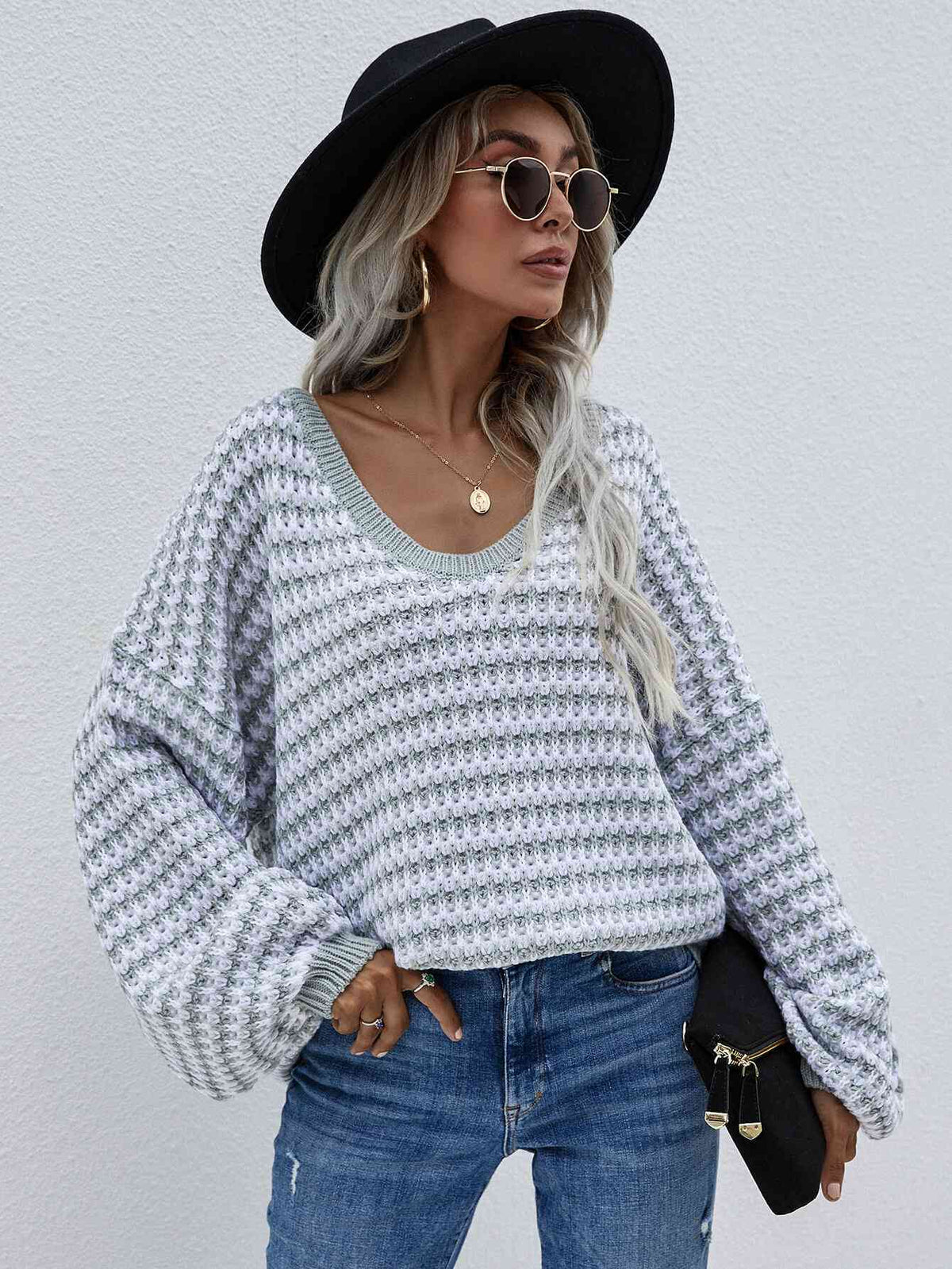 Trendsi Striped Drop Shoulder V-Neck Pullover Sweater Apparel &amp; Accessories &gt; Clothing &gt; Shirt &amp; Tops