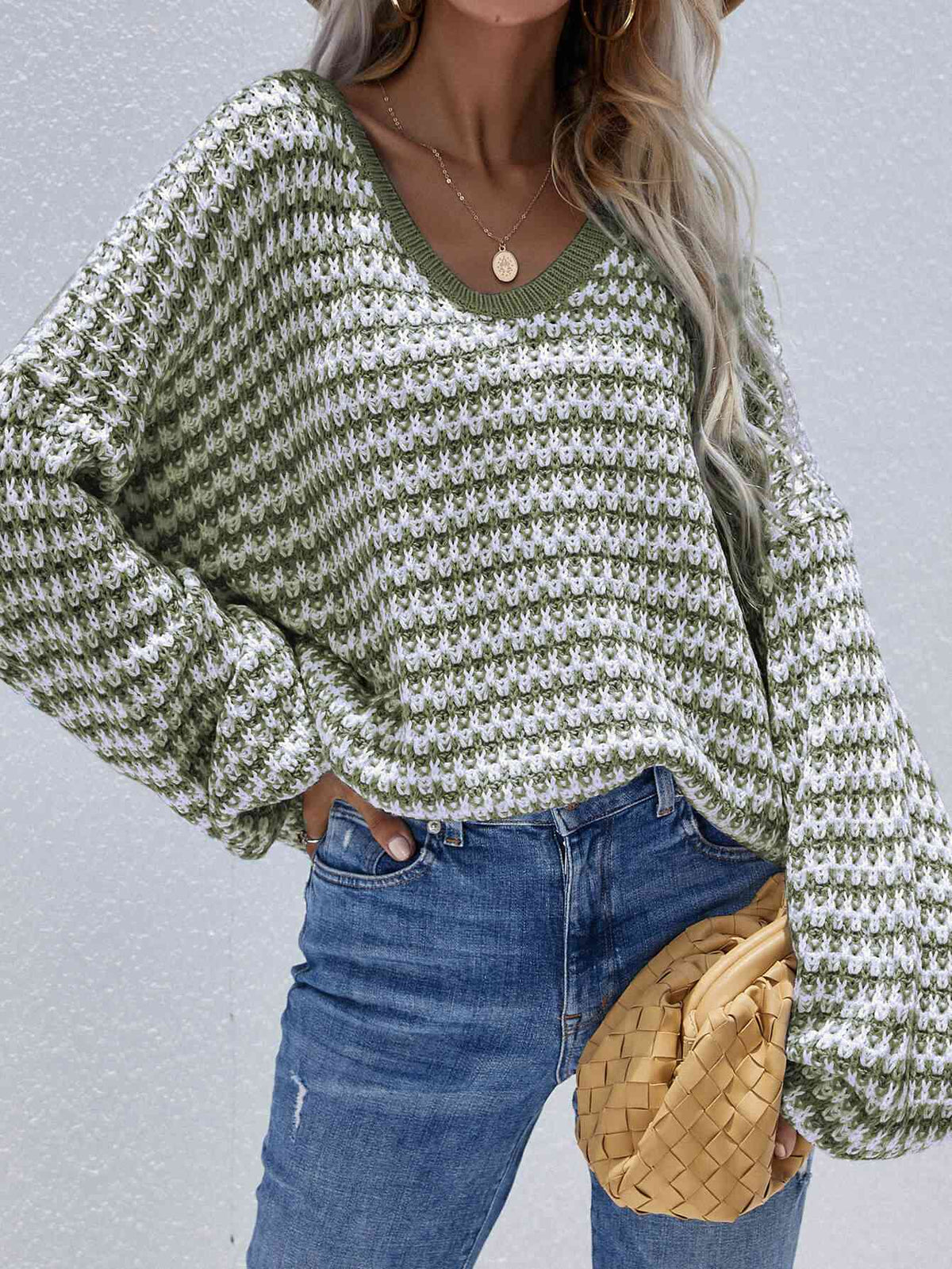 Trendsi Striped Drop Shoulder V-Neck Pullover Sweater Apparel &amp; Accessories &gt; Clothing &gt; Shirt &amp; Tops