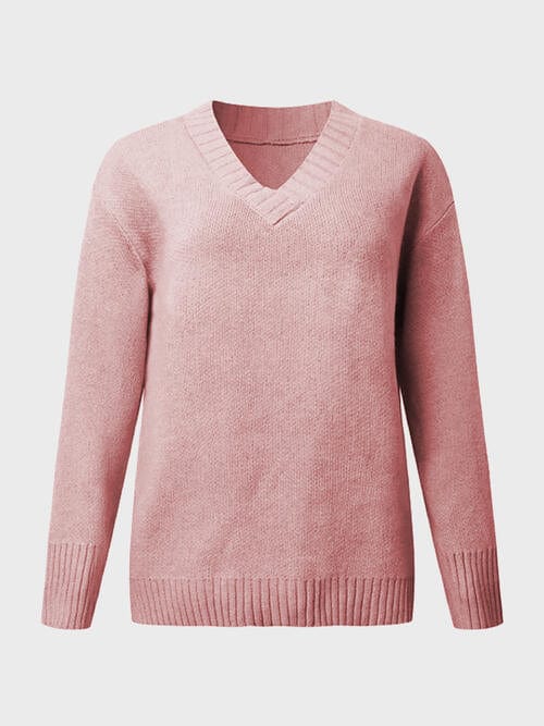 Trendsi Dusty Pink / S V-Neck Long Sleeve Knit Top 100100287477938 Apparel & Accessories > Clothing > Shirt & Tops