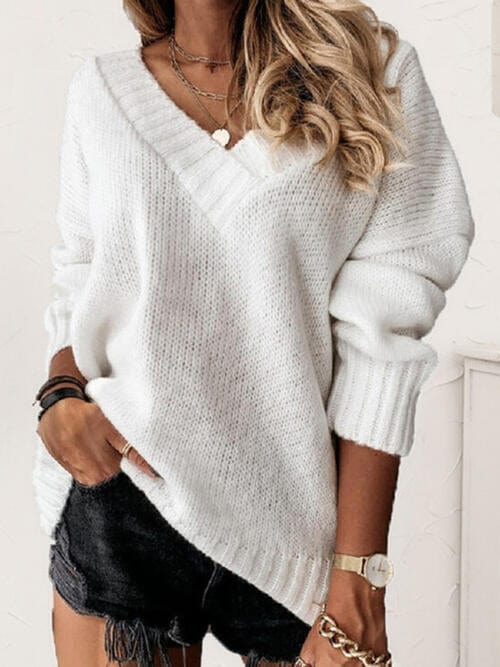 Trendsi White / S V-Neck Long Sleeve Knit Top 100100287476567 Apparel &amp; Accessories &gt; Clothing &gt; Shirt &amp; Tops