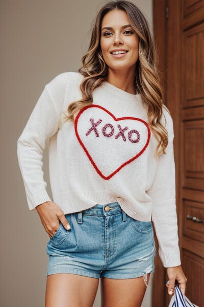 Trendsi White / S XOXO Heart Round Neck Dropped Shoulder Sweater 100100076675968 Apparel &amp; Accessories &gt; Clothing &gt; Shirt &amp; Tops