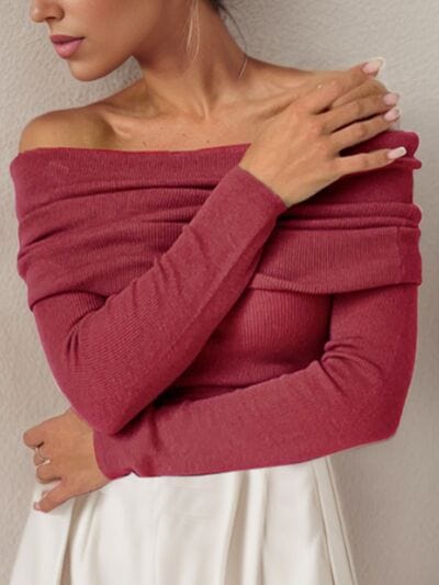 Trendsi Wine / S Off-Shoulder Long Sleeve Sweater 100100134521057 Apparel &amp; Accessories &gt; Clothing &gt; Shirt &amp; Tops