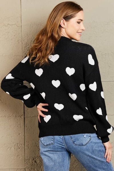 Trendsi Black / S Woven Right Heart Pattern Lantern Sleeve Round Neck Tunic Sweater 100100388265540 Apparel & Accessories > Clothing > Shirt & Tops