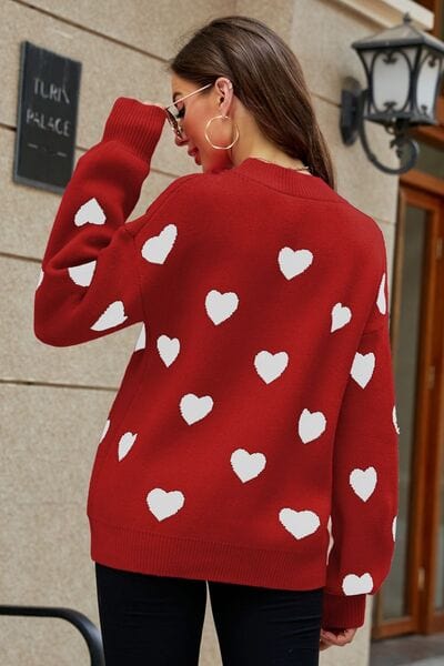 Trendsi Woven Right Heart Pattern Lantern Sleeve Round Neck Tunic Sweater Apparel &amp; Accessories &gt; Clothing &gt; Shirt &amp; Tops