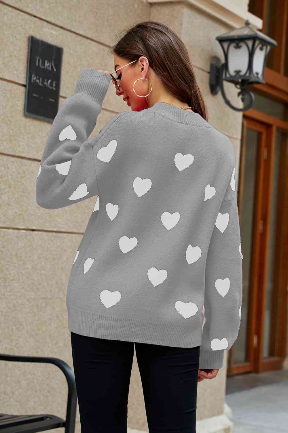 Trendsi Woven Right Heart Pattern Lantern Sleeve Round Neck Tunic Sweater Apparel &amp; Accessories &gt; Clothing &gt; Shirt &amp; Tops