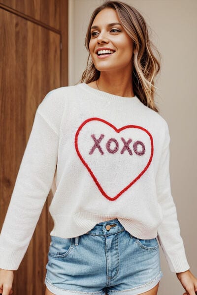 Trendsi XOXO Heart Round Neck Dropped Shoulder Sweater Apparel &amp; Accessories &gt; Clothing &gt; Shirt &amp; Tops