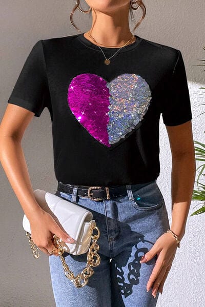 Trendsi Black / S Heart Sequin Round Neck Short Sleeve T-Shirt 100100099331720 Apparel & Accessories > Clothing > Sleepwear & Loungewear > Robes