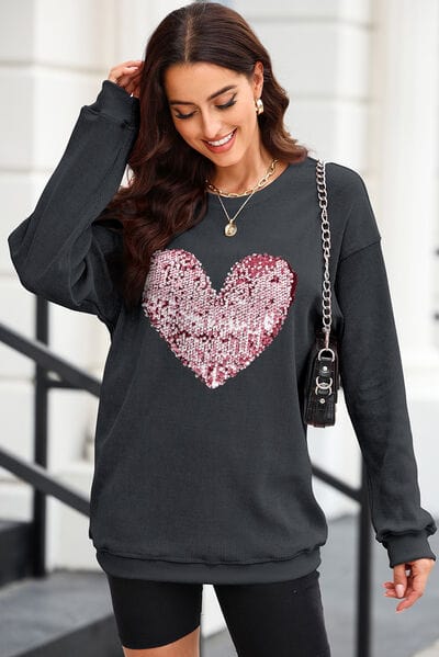 Trendsi Black / S Heart Sequin Round Neck Sweatshirt 100100533341583 Apparel &amp; Accessories &gt; Clothing &gt; Sleepwear &amp; Loungewear &gt; Robes