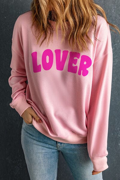 Trendsi Blush Pink / S LOVER Round Neck Dropped Shoulder Sweatshirt 100100755026548 Apparel &amp; Accessories &gt; Clothing &gt; Sleepwear &amp; Loungewear &gt; Robes