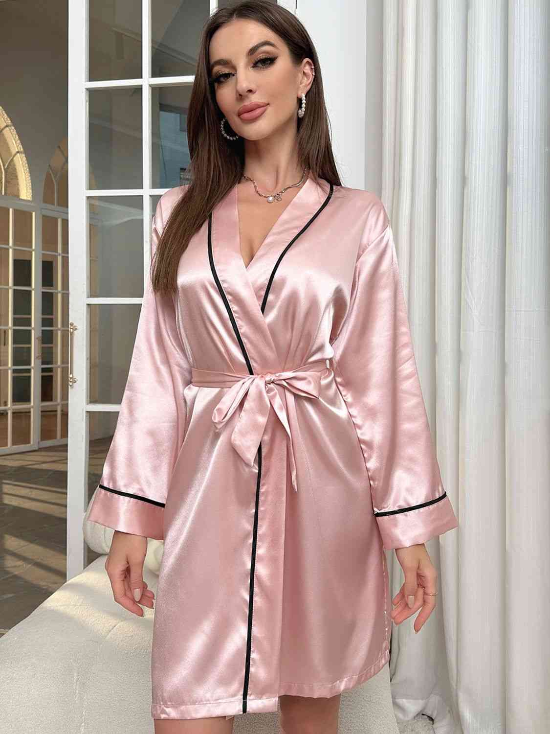 Trendsi Blush Pink / S Tie Waist Surplice Neck Robe 100100653351425 Apparel &amp; Accessories &gt; Clothing &gt; Sleepwear &amp; Loungewear &gt; Robes
