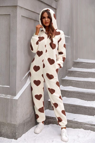Trendsi Burnt  Umber / S Fuzzy Heart Zip Up Hooded Lounge Jumpsuit 100100527469788 Apparel &amp; Accessories &gt; Clothing &gt; Sleepwear &amp; Loungewear &gt; Robes