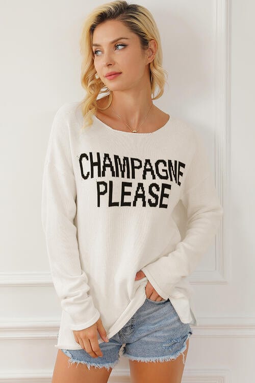 Trendsi CHAMPAGNE PLEASE Long Sleeve Slit Sweater Apparel &amp; Accessories &gt; Clothing &gt; Sleepwear &amp; Loungewear &gt; Robes