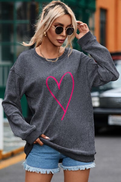Trendsi Charcoal / S Heart Round Neck Dropped Shoulder Sweatshirt 100100770621183 Apparel &amp; Accessories &gt; Clothing &gt; Sleepwear &amp; Loungewear &gt; Robes