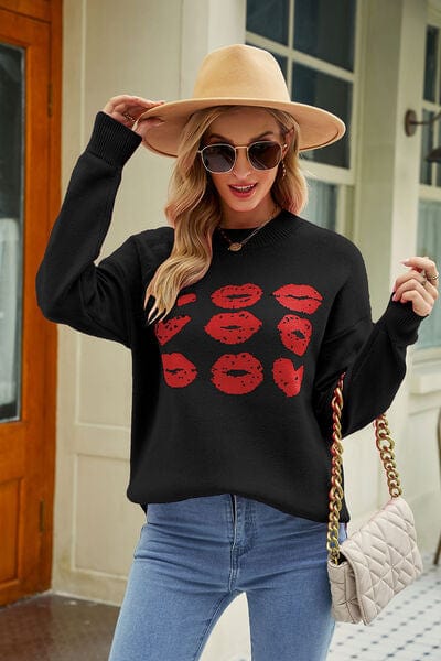 Trendsi Contrast Lip Pattern Round Neck Slit Sweater Apparel &amp; Accessories &gt; Clothing &gt; Sleepwear &amp; Loungewear &gt; Robes