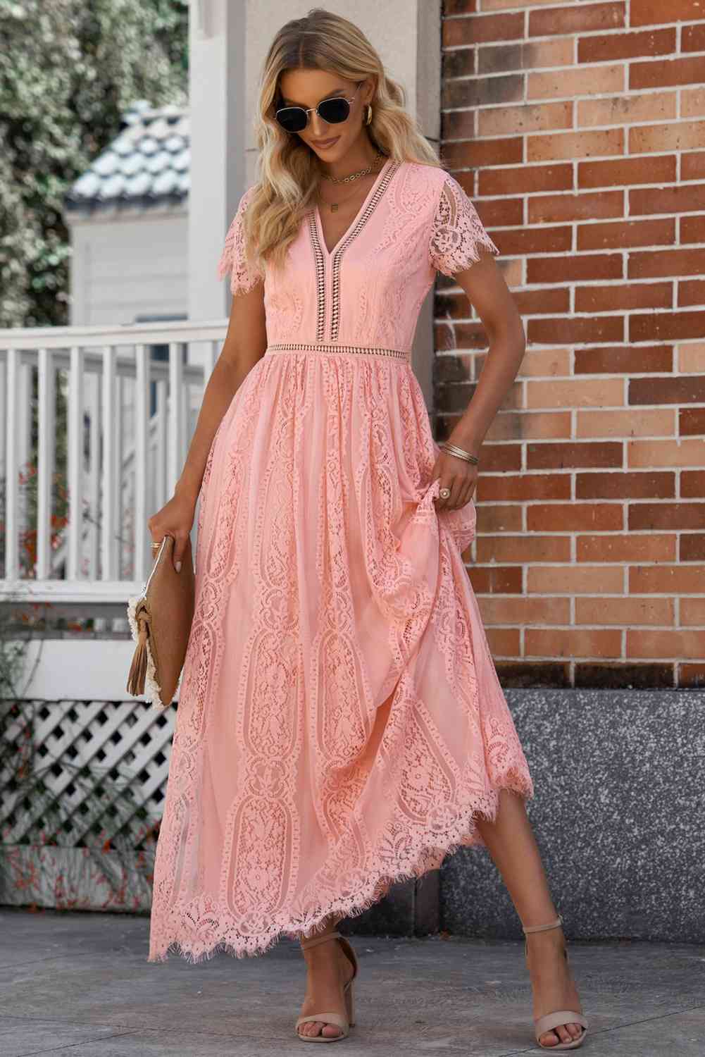 Trendsi Coral / S Scalloped Trim Lace Plunge Dress 100100898745758 Apparel &amp; Accessories &gt; Clothing &gt; Sleepwear &amp; Loungewear &gt; Robes