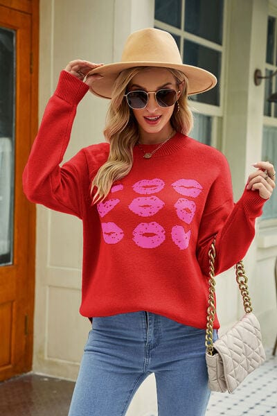 Trendsi Deep Red / S Contrast Lip Pattern Round Neck Slit Sweater 100100309059401 Apparel &amp; Accessories &gt; Clothing &gt; Sleepwear &amp; Loungewear &gt; Robes