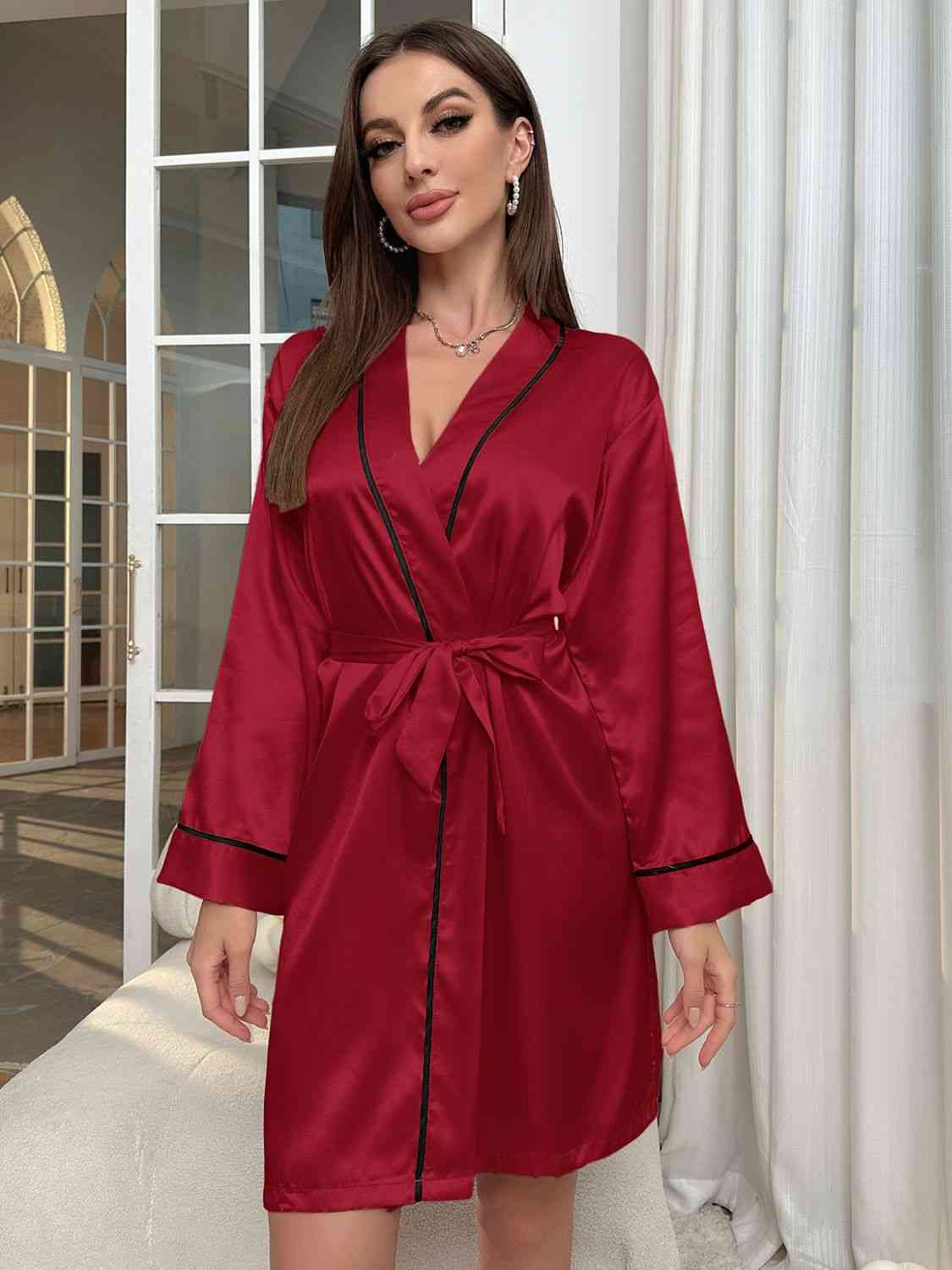 Trendsi Deep Red / S Tie Waist Surplice Neck Robe 100100653357788 Apparel &amp; Accessories &gt; Clothing &gt; Sleepwear &amp; Loungewear &gt; Robes