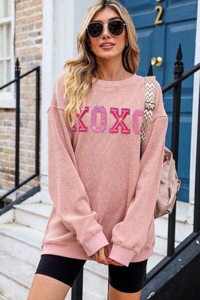 Trendsi Dusty Pink / S XOXO Round Neck Dropped Shoulder Sweatshirt 100101583181026 Apparel &amp; Accessories &gt; Clothing &gt; Sleepwear &amp; Loungewear &gt; Robes