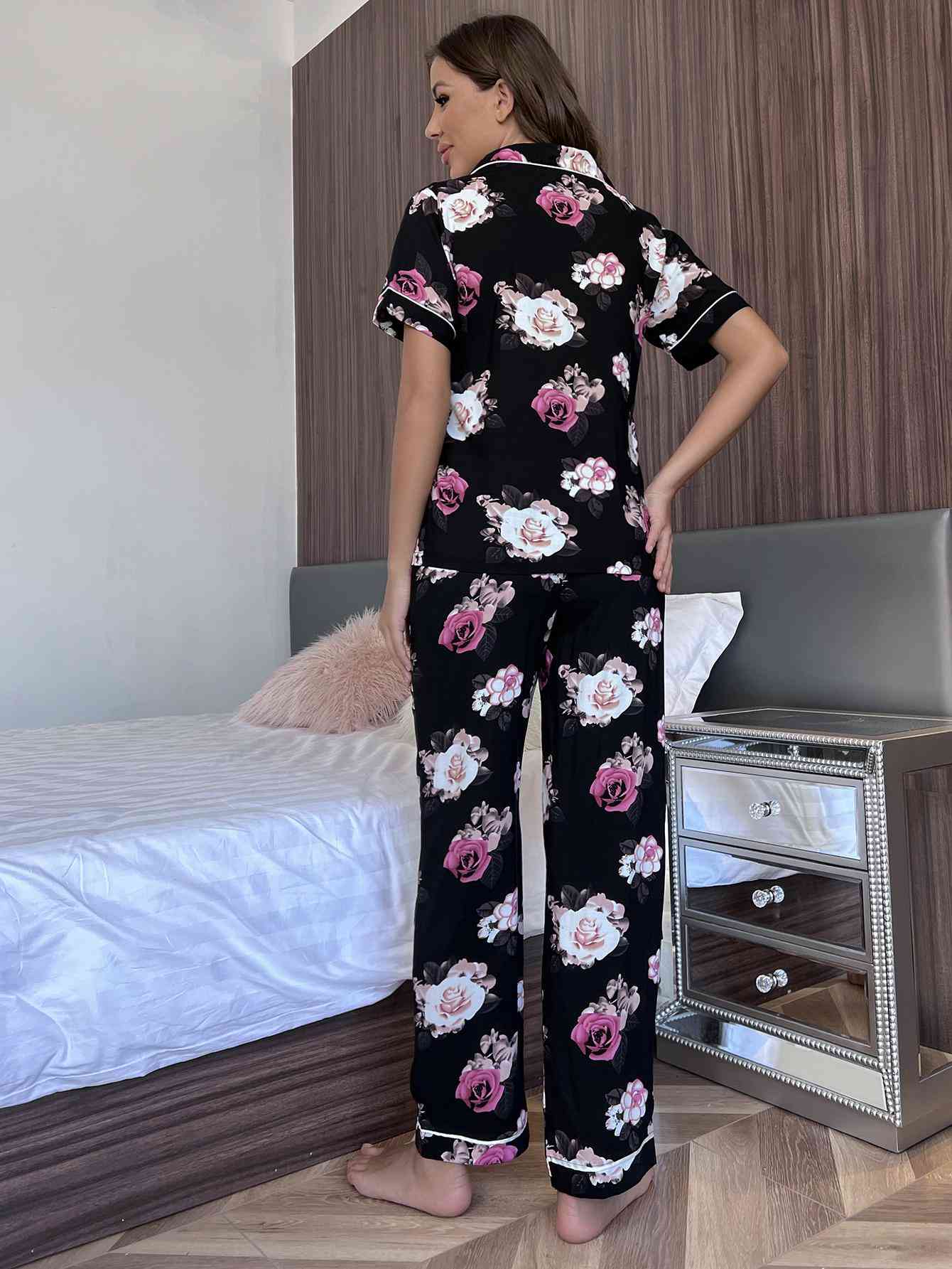 Trendsi Floral / S Floral Short Sleeve Shirt and Pants Lounge Set 100100471663935 Apparel & Accessories > Clothing > Sleepwear & Loungewear > Robes