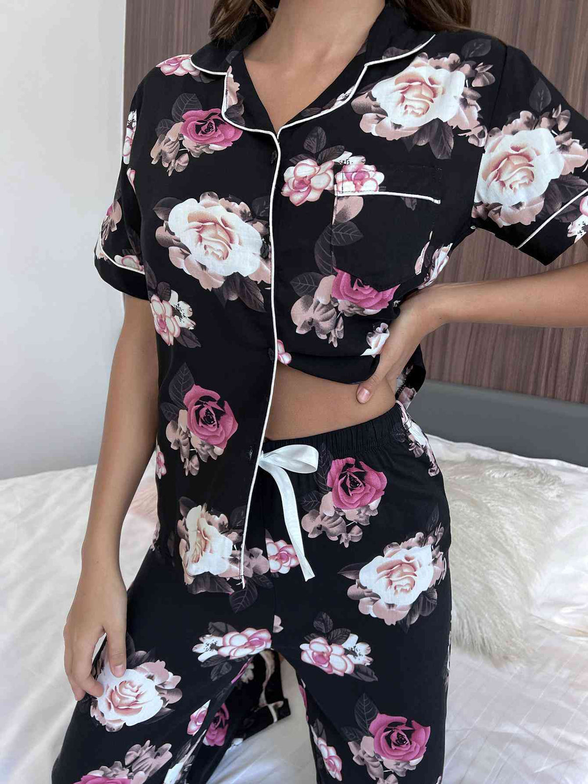 Trendsi Floral Short Sleeve Shirt and Pants Lounge Set Apparel &amp; Accessories &gt; Clothing &gt; Sleepwear &amp; Loungewear &gt; Robes