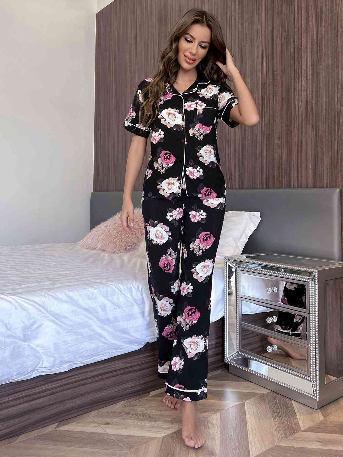 Trendsi Floral Short Sleeve Shirt and Pants Lounge Set Apparel &amp; Accessories &gt; Clothing &gt; Sleepwear &amp; Loungewear &gt; Robes