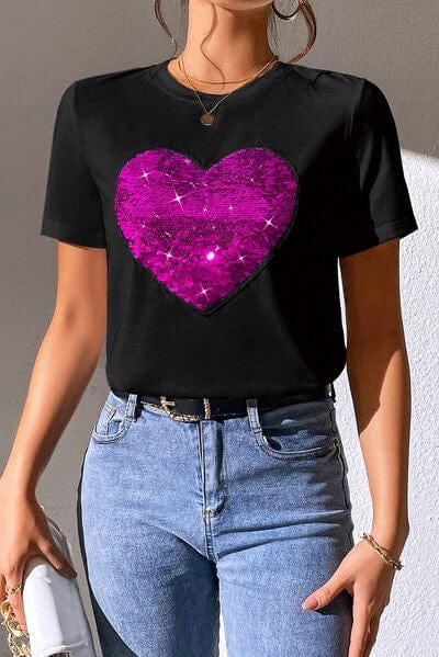 Trendsi Black / S Heart Sequin Round Neck Short Sleeve T-Shirt 100100099331720 Apparel & Accessories > Clothing > Sleepwear & Loungewear > Robes