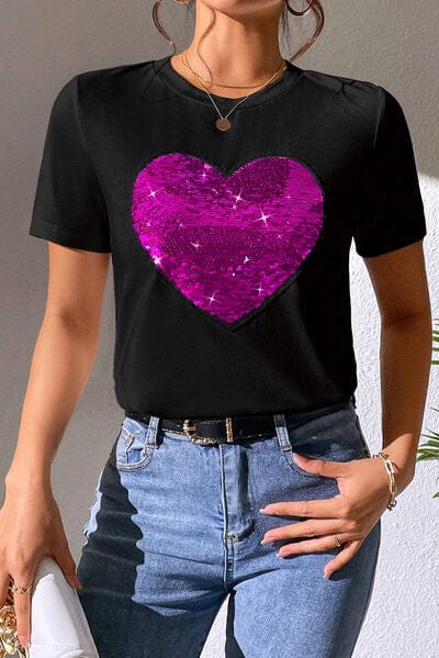 Trendsi Heart Sequin Round Neck Short Sleeve T-Shirt Apparel &amp; Accessories &gt; Clothing &gt; Sleepwear &amp; Loungewear &gt; Robes
