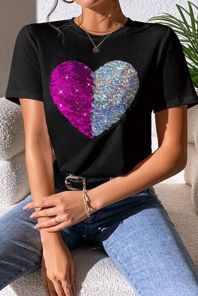 Trendsi Heart Sequin Round Neck Short Sleeve T-Shirt Apparel &amp; Accessories &gt; Clothing &gt; Sleepwear &amp; Loungewear &gt; Robes