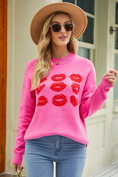 Trendsi Hot Pink / S Contrast Lip Pattern Round Neck Slit Sweater 100100309051779 Apparel & Accessories > Clothing > Sleepwear & Loungewear > Robes