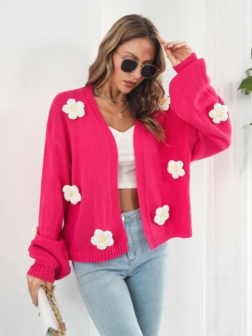 Trendsi Hot Pink / S Floral Open Front Long Sleeve Cardigan 100100004940709 Apparel &amp; Accessories &gt; Clothing &gt; Sleepwear &amp; Loungewear &gt; Robes