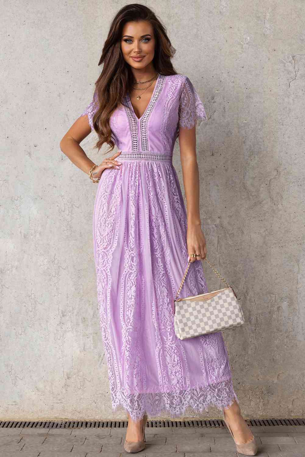Trendsi Lavender / S Scalloped Trim Lace Plunge Dress 100100898741258 Apparel &amp; Accessories &gt; Clothing &gt; Sleepwear &amp; Loungewear &gt; Robes