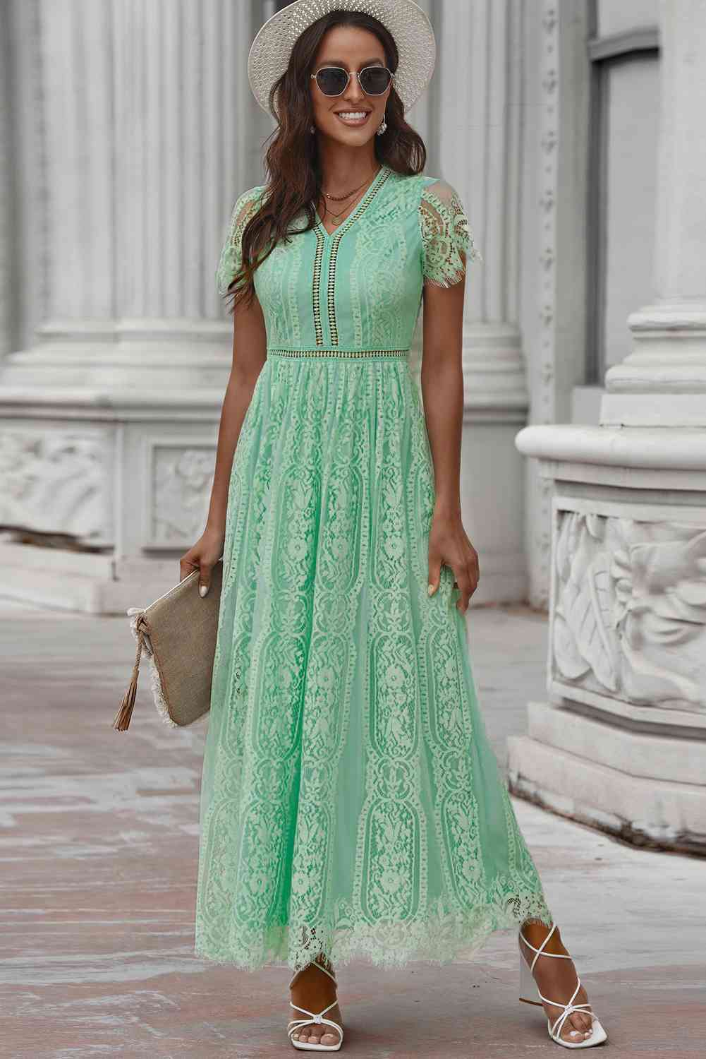 Trendsi Mid Green / S Scalloped Trim Lace Plunge Dress 100100898743011 Apparel &amp; Accessories &gt; Clothing &gt; Sleepwear &amp; Loungewear &gt; Robes