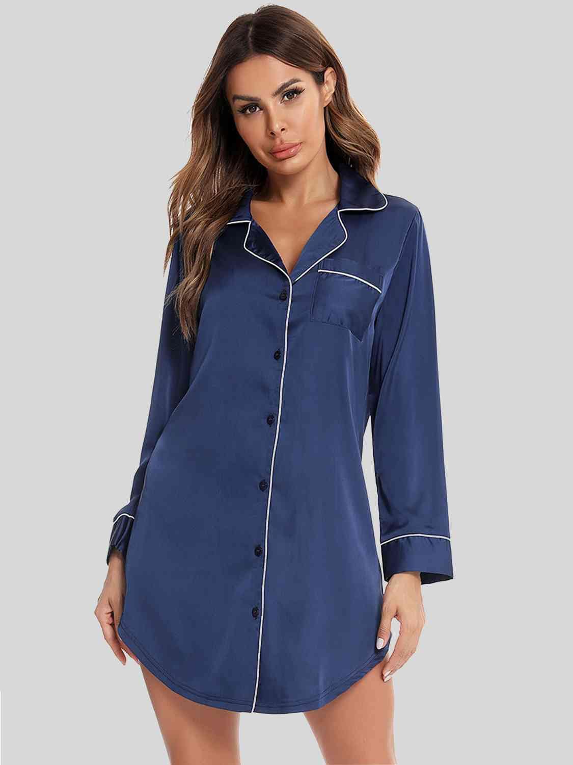 Trendsi Peacock  Blue / S Button Up Lapel Collar Night Dress with Pocket 101100834678970 Apparel &amp; Accessories &gt; Clothing &gt; Sleepwear &amp; Loungewear &gt; Robes